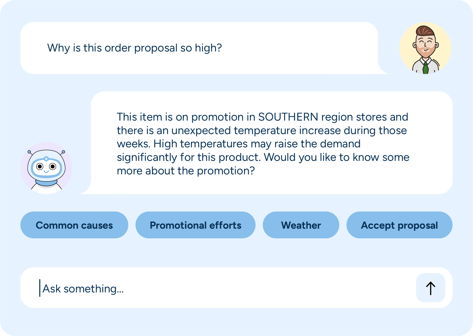 Un chat entre un usuario y Rebot, un sistema de IA gen, muestra a Rebot respondiendo a preguntas específicas de los clientes, como explicar por qué la propuesta de un pedido es alta y recomendar los siguientes pasos.