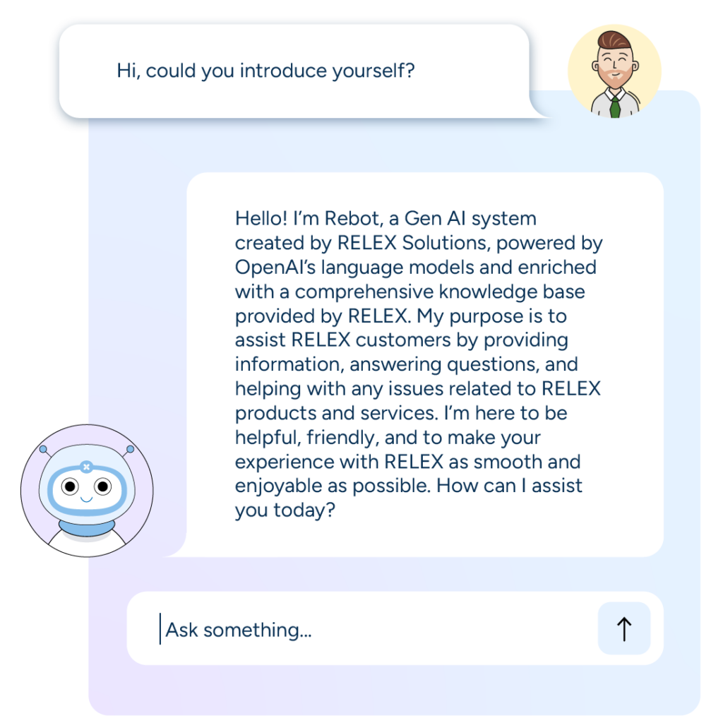 An image of Gen AI data insights withing RELEX, with a question asked from a user, and a response from Rebot, the Gen AI assistant within RELEX.