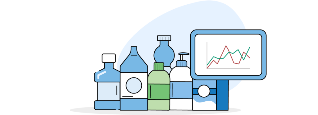 A visual showing different types of products with a visual depiction of a simple demand forecast line graph.